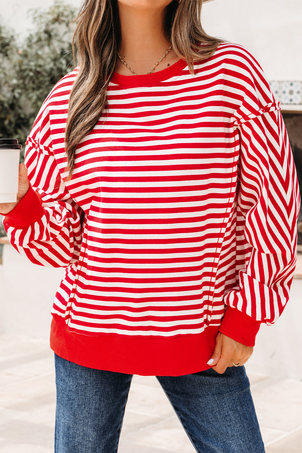 Black Stripe Exposed Seam Drop Shoulder Casual Pullover Top
