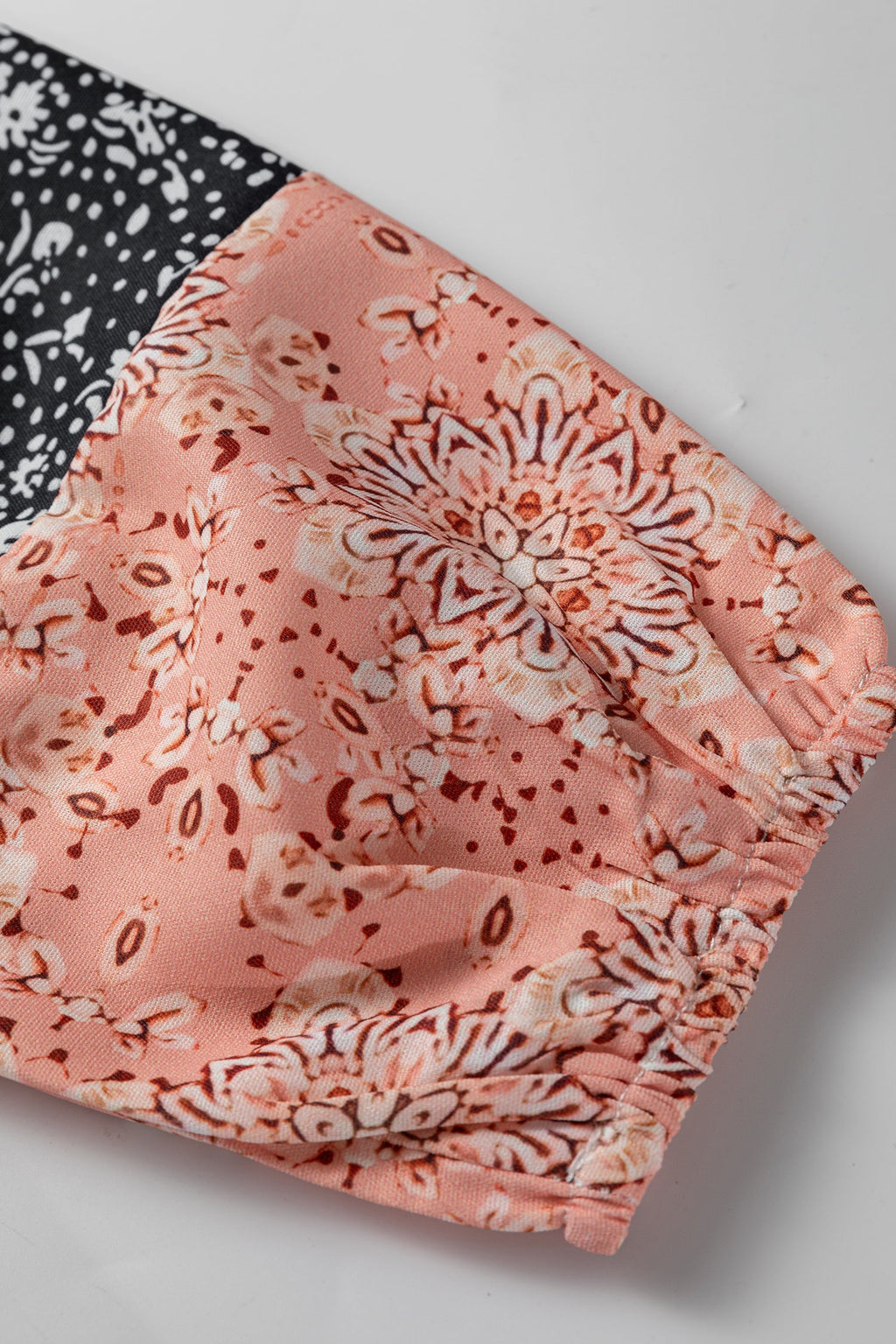 Dusty Pink Floral Patchwork Textured Knit Drawstring V Neck Blouse