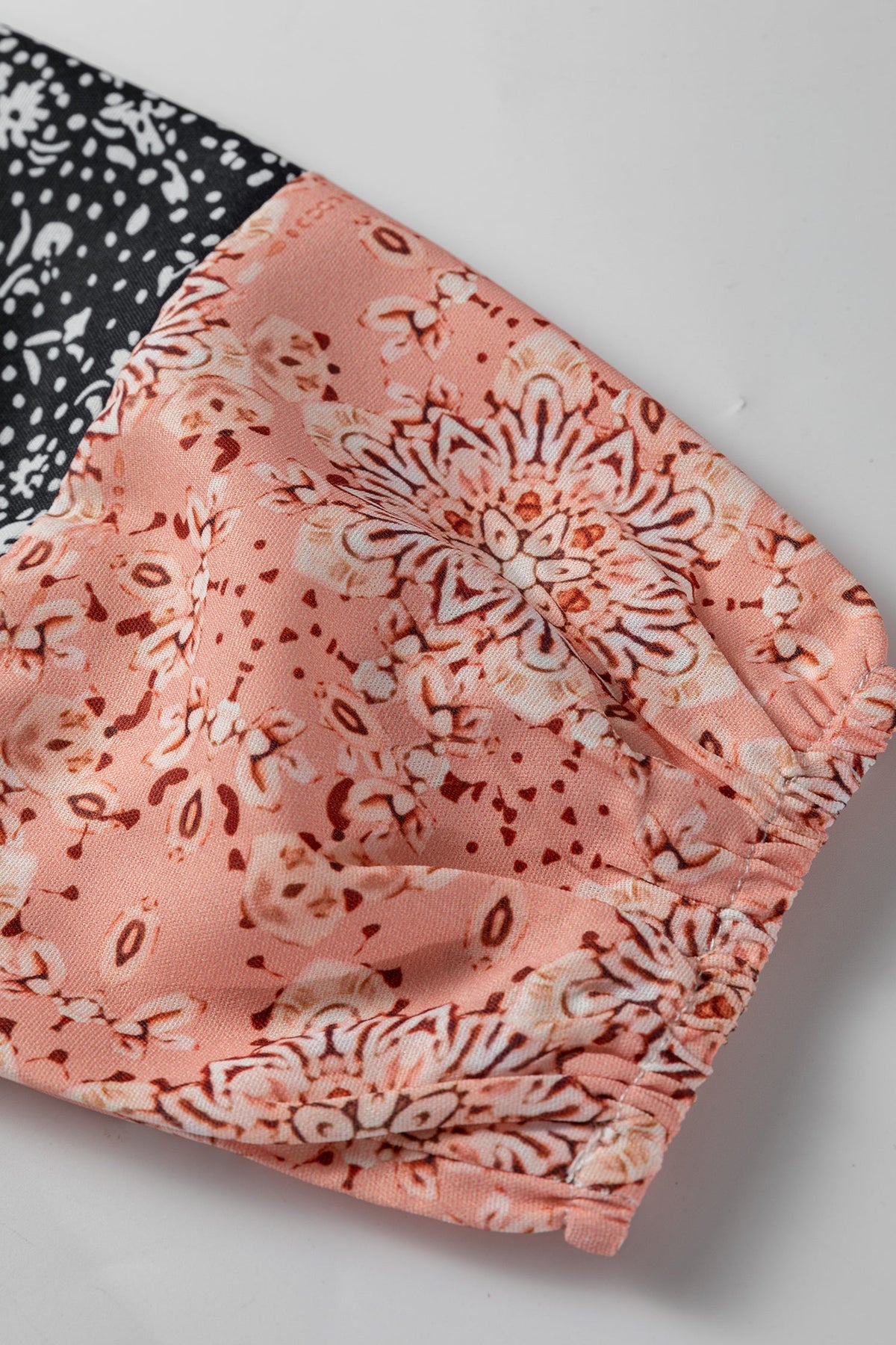 Dusty Pink Floral Patchwork Textured Knit Drawstring V Neck Blouse
