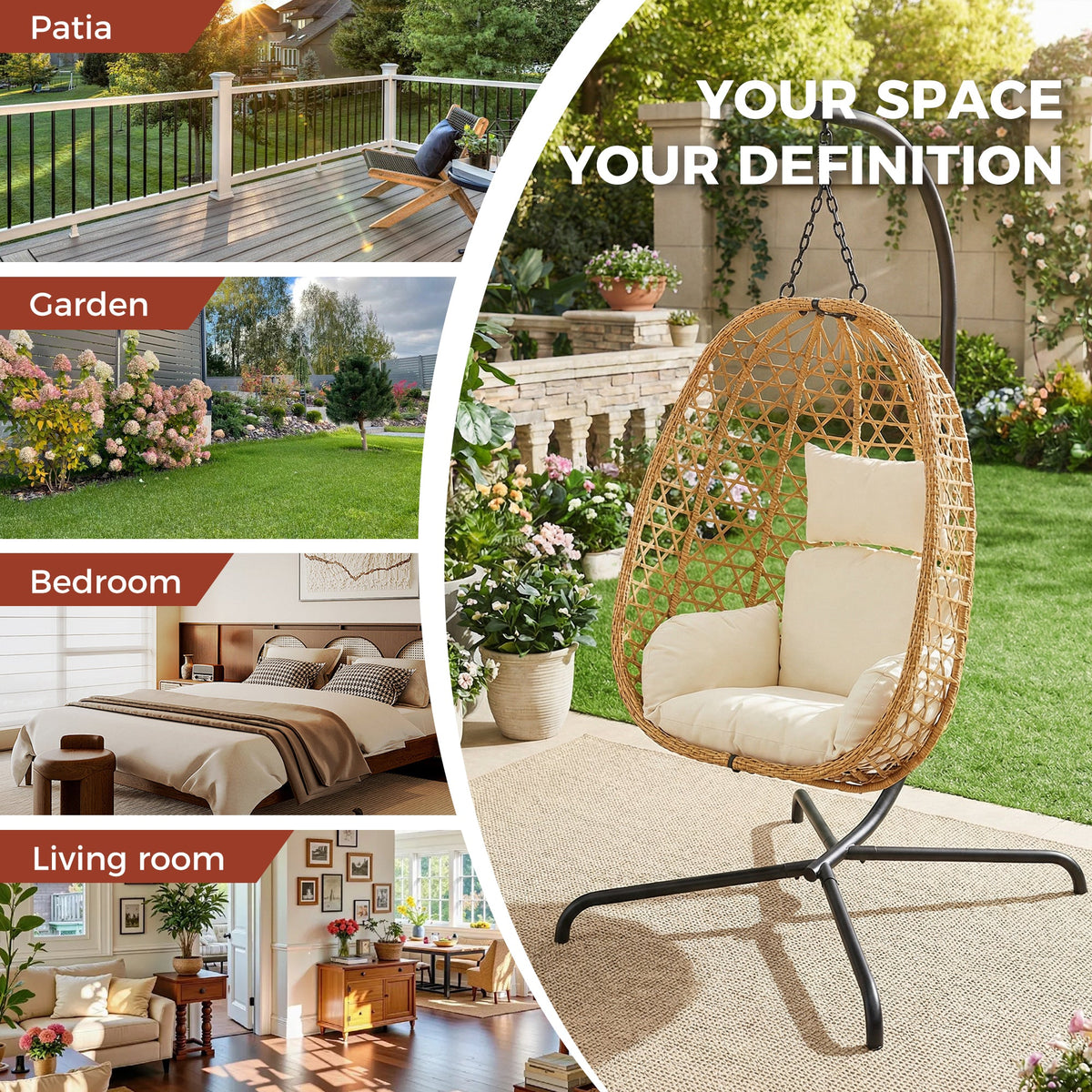 Set of 2 Egg Chairs with Stand - Patio Wicker Hanging Hammock Swing