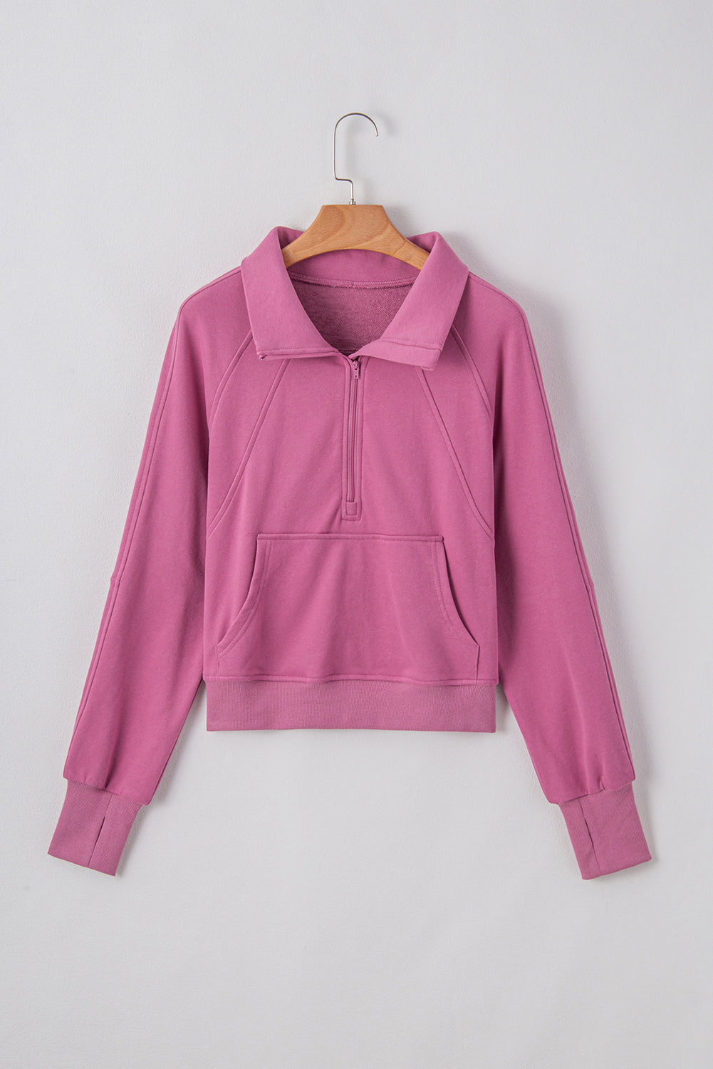 Smoke Green Quarter Zip Stand Neck Kangaroo Pocket Sweatshirt