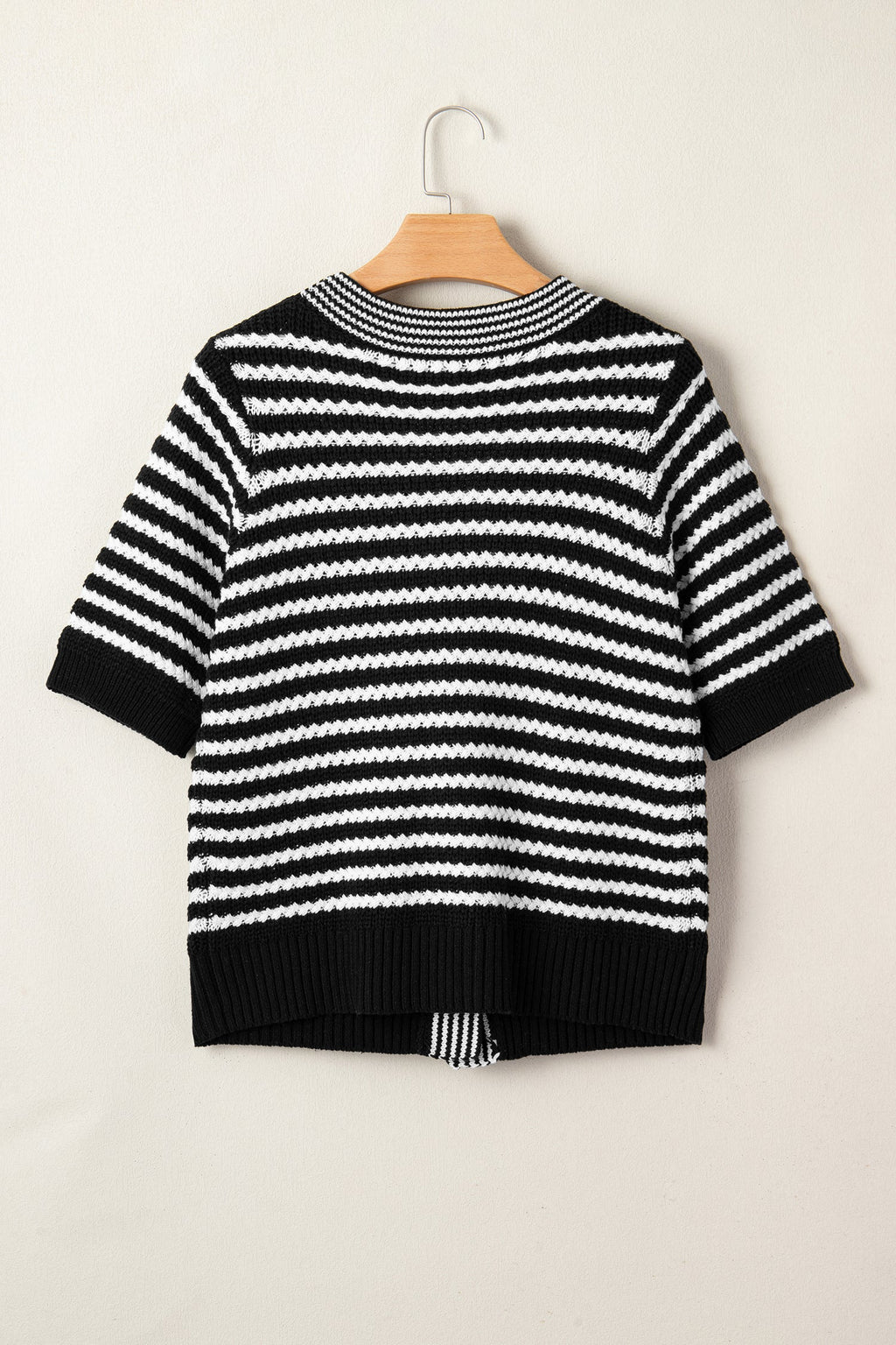 Green Stripe Short Sleeve Knit V Neck Bow Knot Sweater
