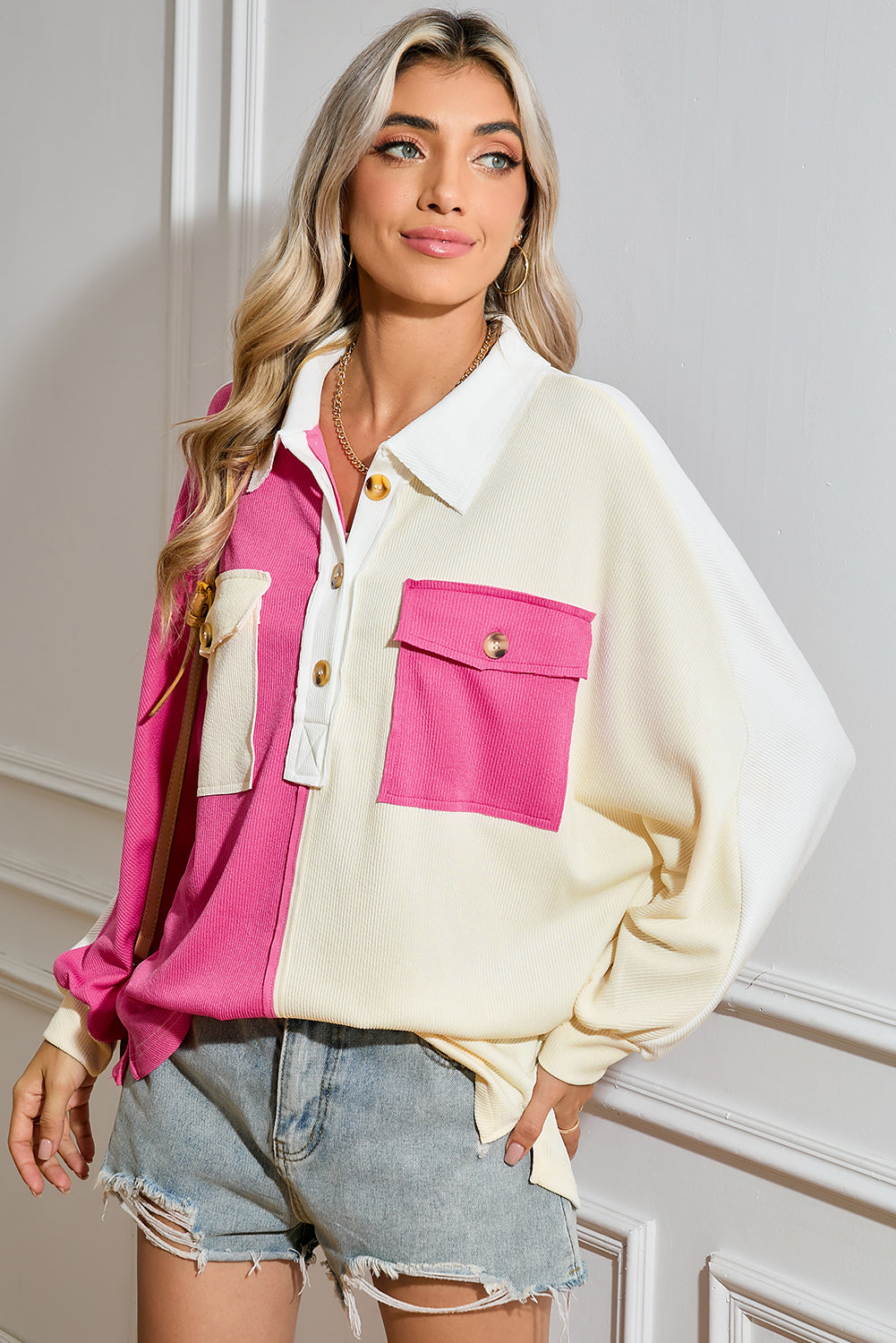 Gray Colorblock Patchwork Ribbed Oversized Henley Sweatshirt