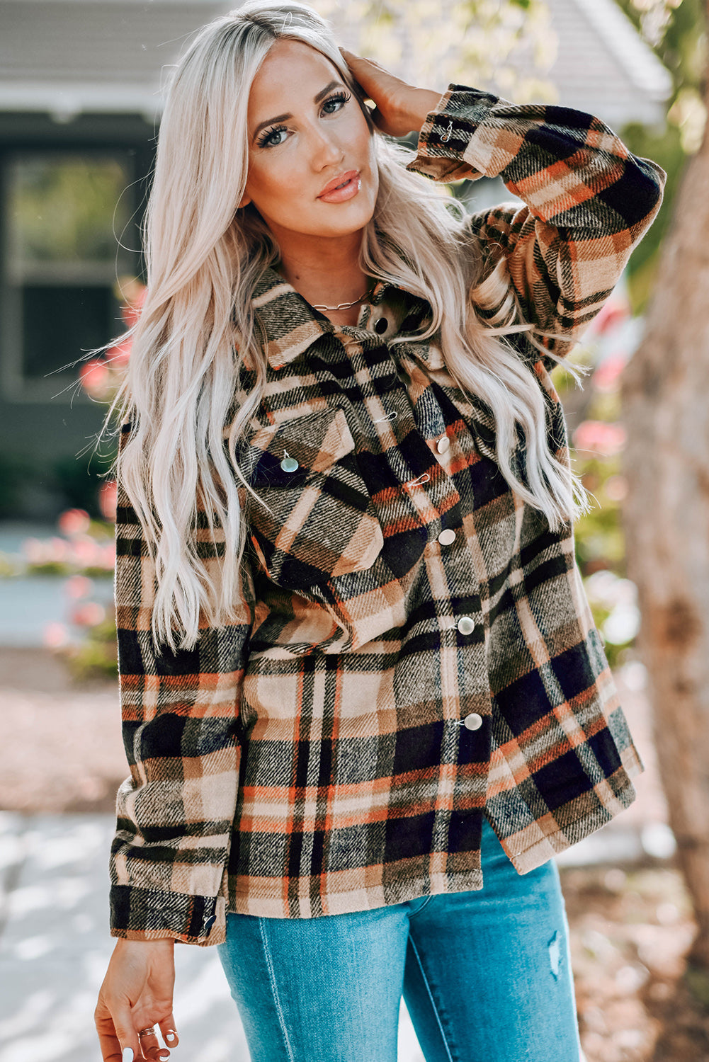 Green Geometric Plaid Print Pocketed Shacket