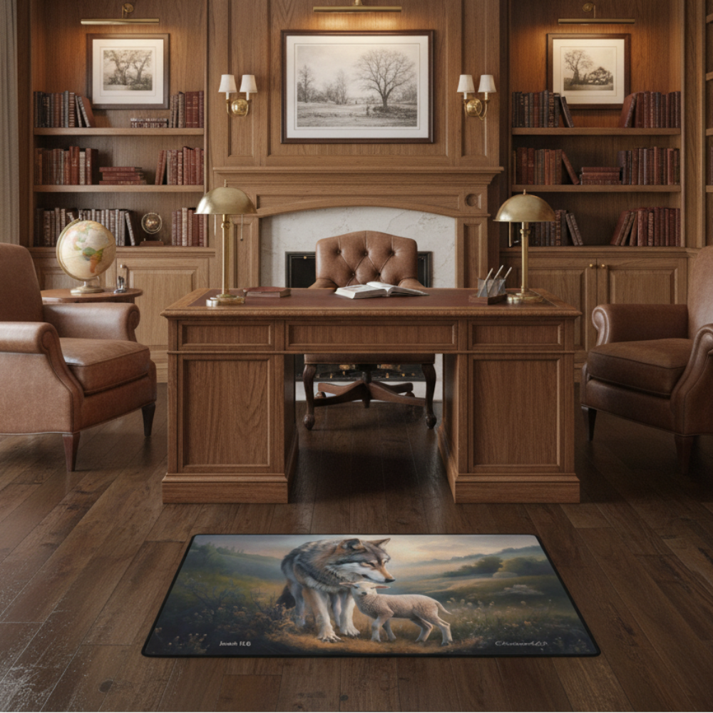 Wolf and Lamb Christian area rug / Mat 31" x 20" (choose from 3 designs) with Black Binding