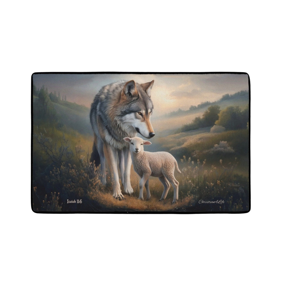 Wolf and Lamb Christian area rug / Mat 31" x 20" (choose from 3 designs) with Black Binding