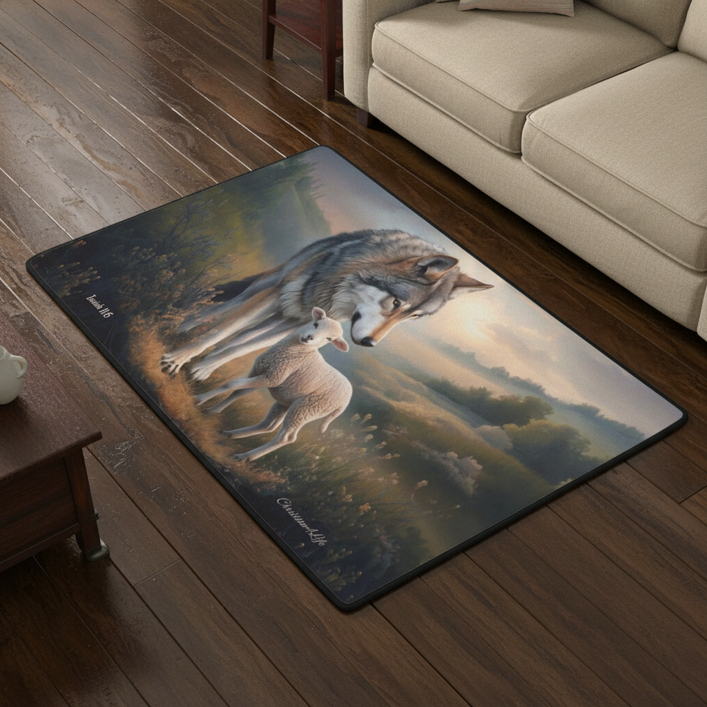 Wolf and Lamb Christian area rug / Mat 31" x 20" (choose from 3 designs) with Black Binding