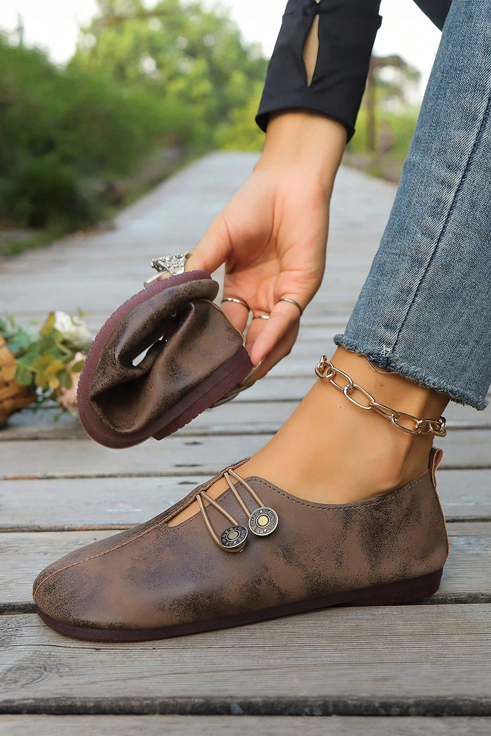 Coffee Button Detail Vintage Faux Leather Loafer Shoes