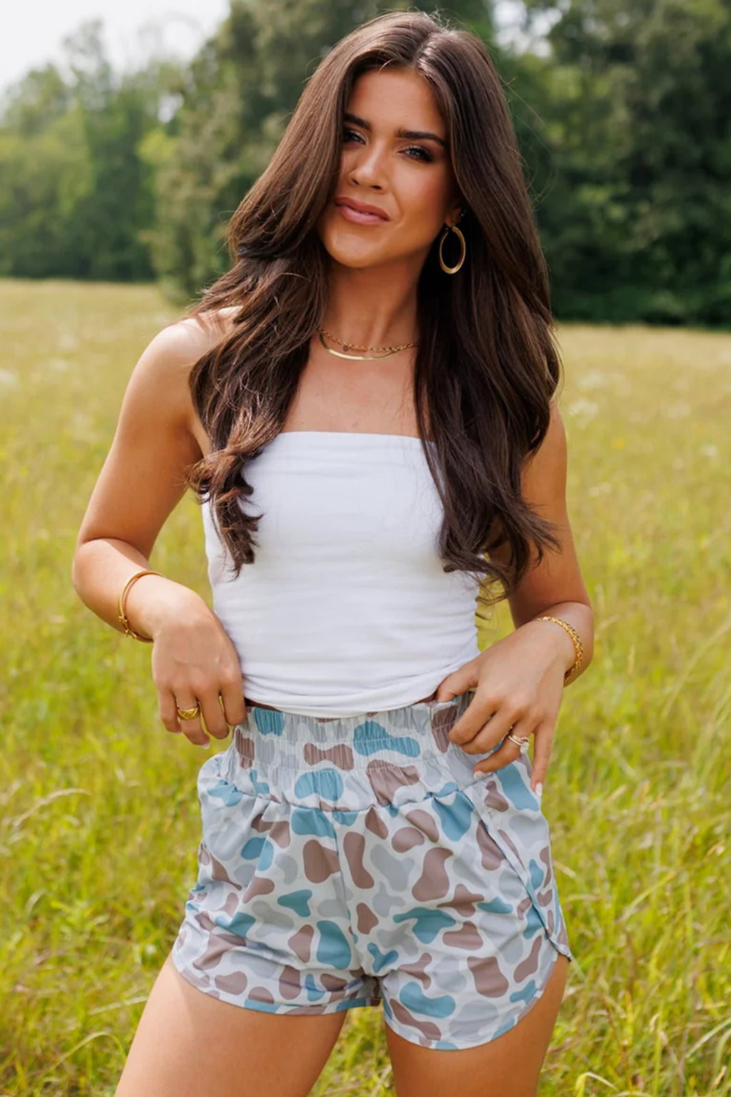 Sky Blue Camouflage Print Shirred High Waist Athleisure Shorts