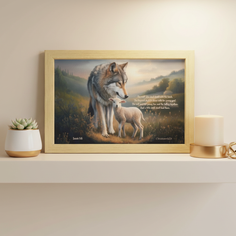 Framed - Wolf and Lamb with Isaiah 11:6 Quote, Christian Canvas, Wooden Frame