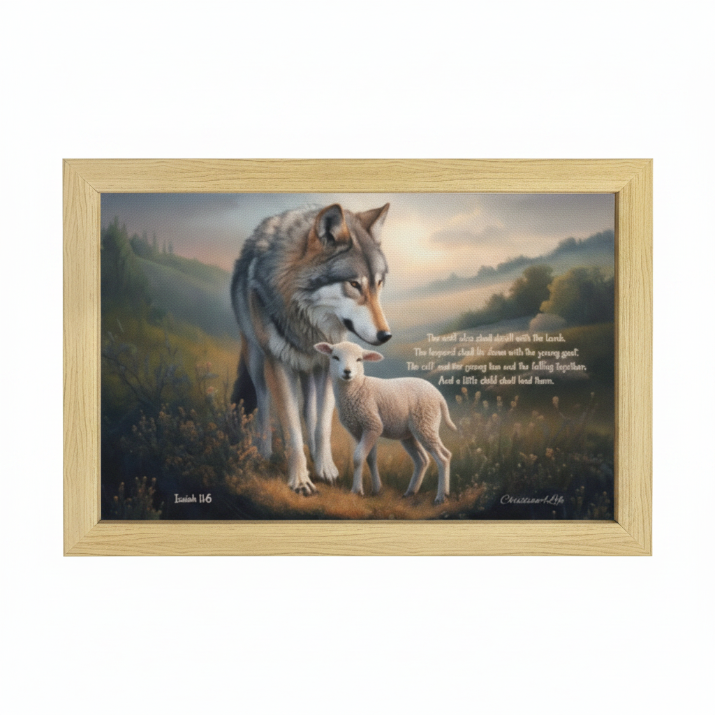Framed - Wolf and Lamb with Isaiah 11:6 Quote, Christian Canvas, Wooden Frame