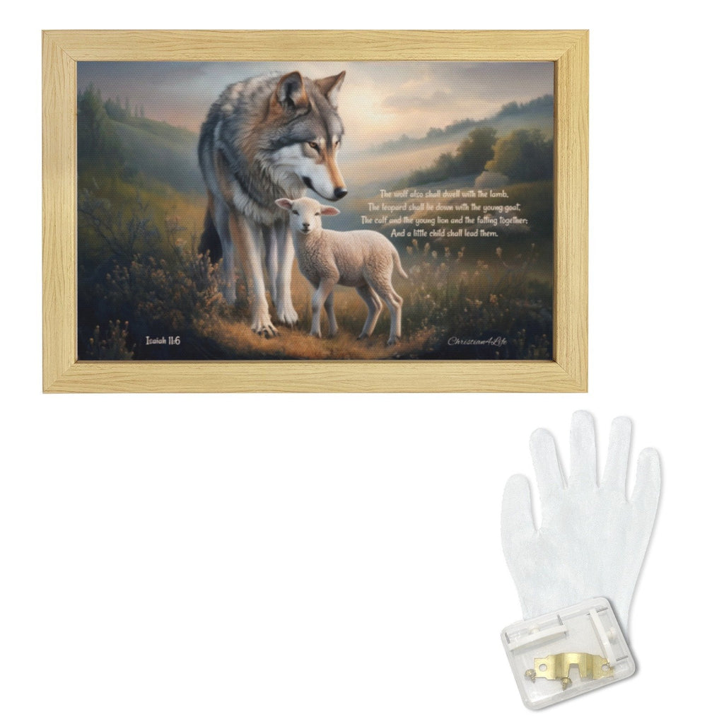Framed - Wolf and Lamb with Isaiah 11:6 Quote, Christian Canvas, Wooden Frame