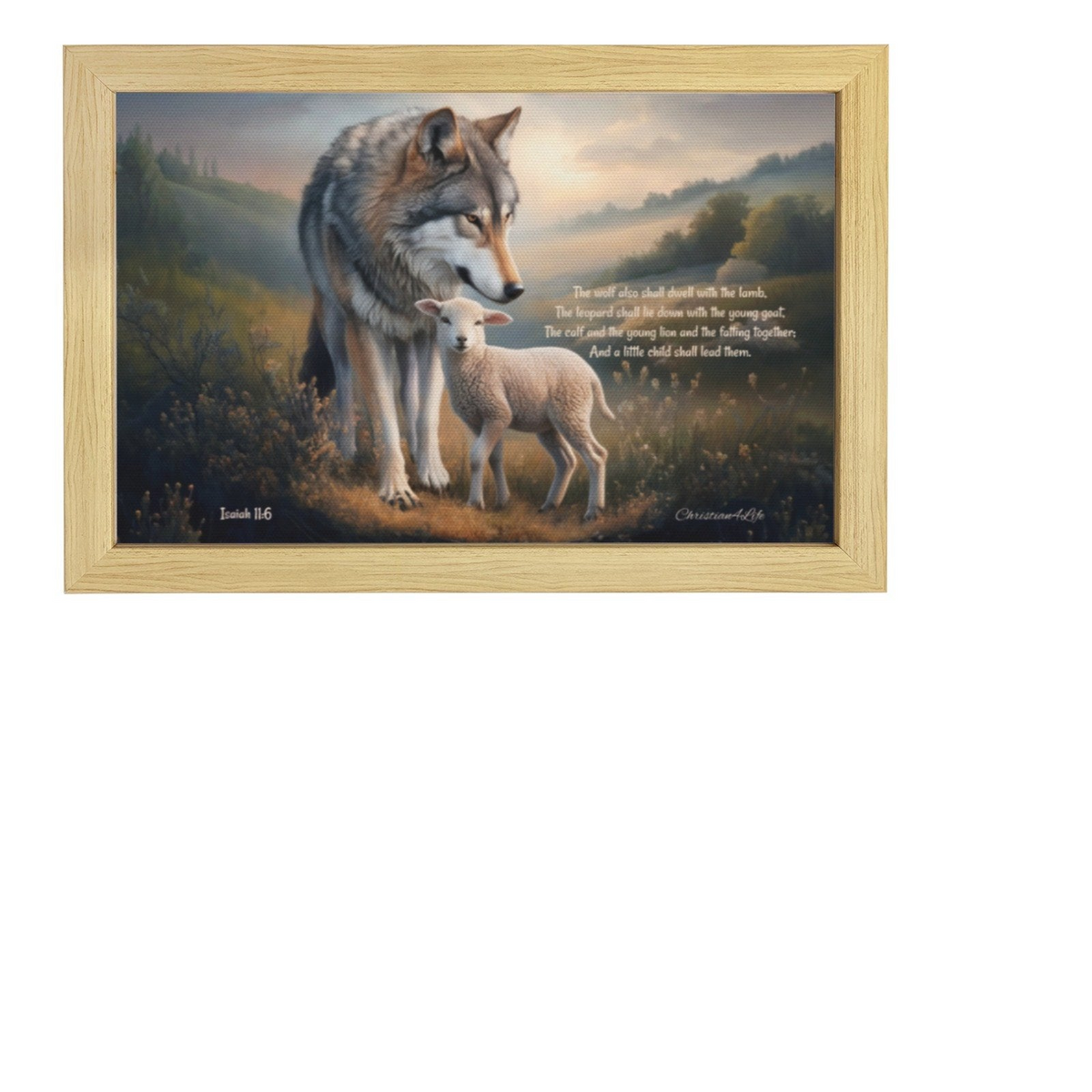 Framed - Wolf and Lamb with Isaiah 11:6 Quote, Christian Canvas, Wooden Frame