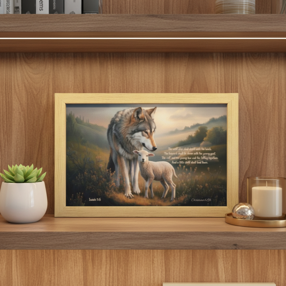 Framed - Wolf and Lamb with Isaiah 11:6 Quote, Christian Canvas, Wooden Frame