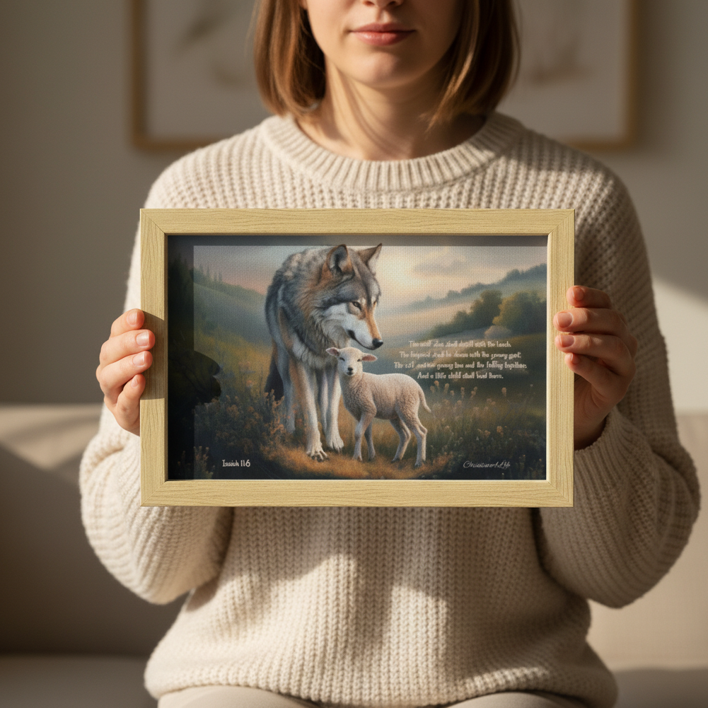 Framed - Wolf and Lamb with Isaiah 11:6 Quote, Christian Canvas, Wooden Frame