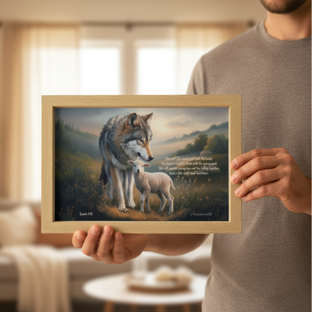 Framed - Wolf and Lamb with Isaiah 11:6 Quote, Christian Canvas, Wooden Frame
