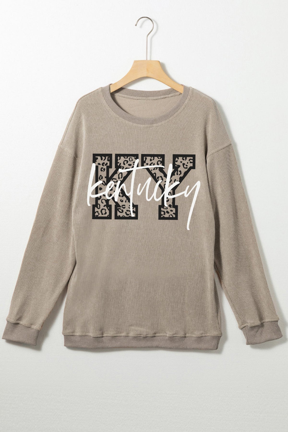 Khaki Kentucky KY Leopard Lettering Ribbed Baggy Sweatshirt