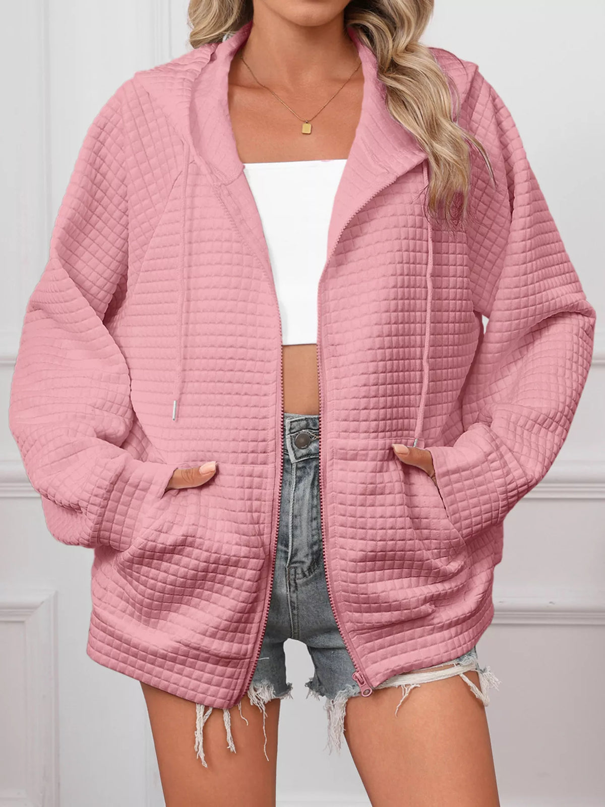 Full Size Textured Quilted Zip-Up Hooded Jacket Plus Size