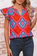 Red Random Abstract Print V Neck Ruffle Shoulder Blouse