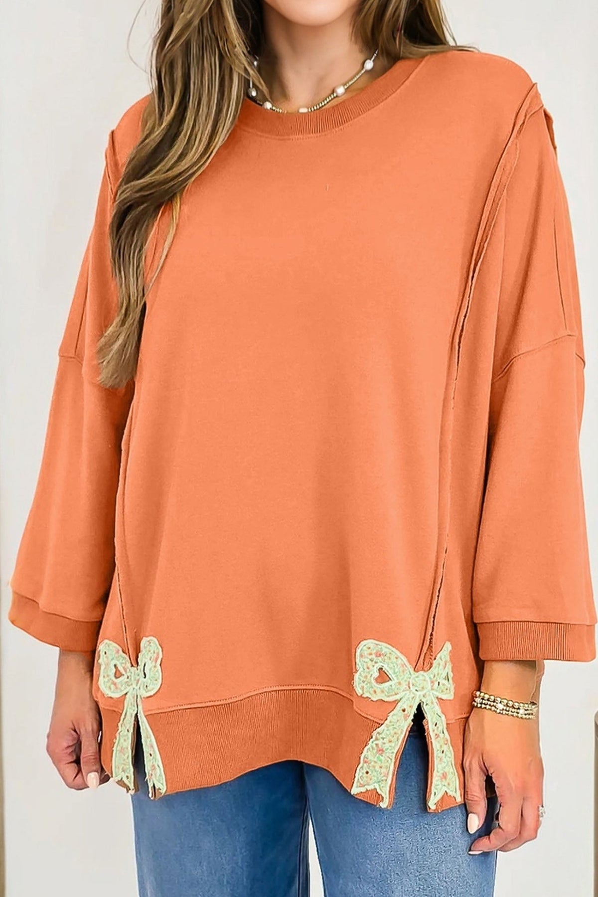 Fiery Red Floral Bow Patched Exposed Seam Patchwork Slit Baggy Sweatshirt
