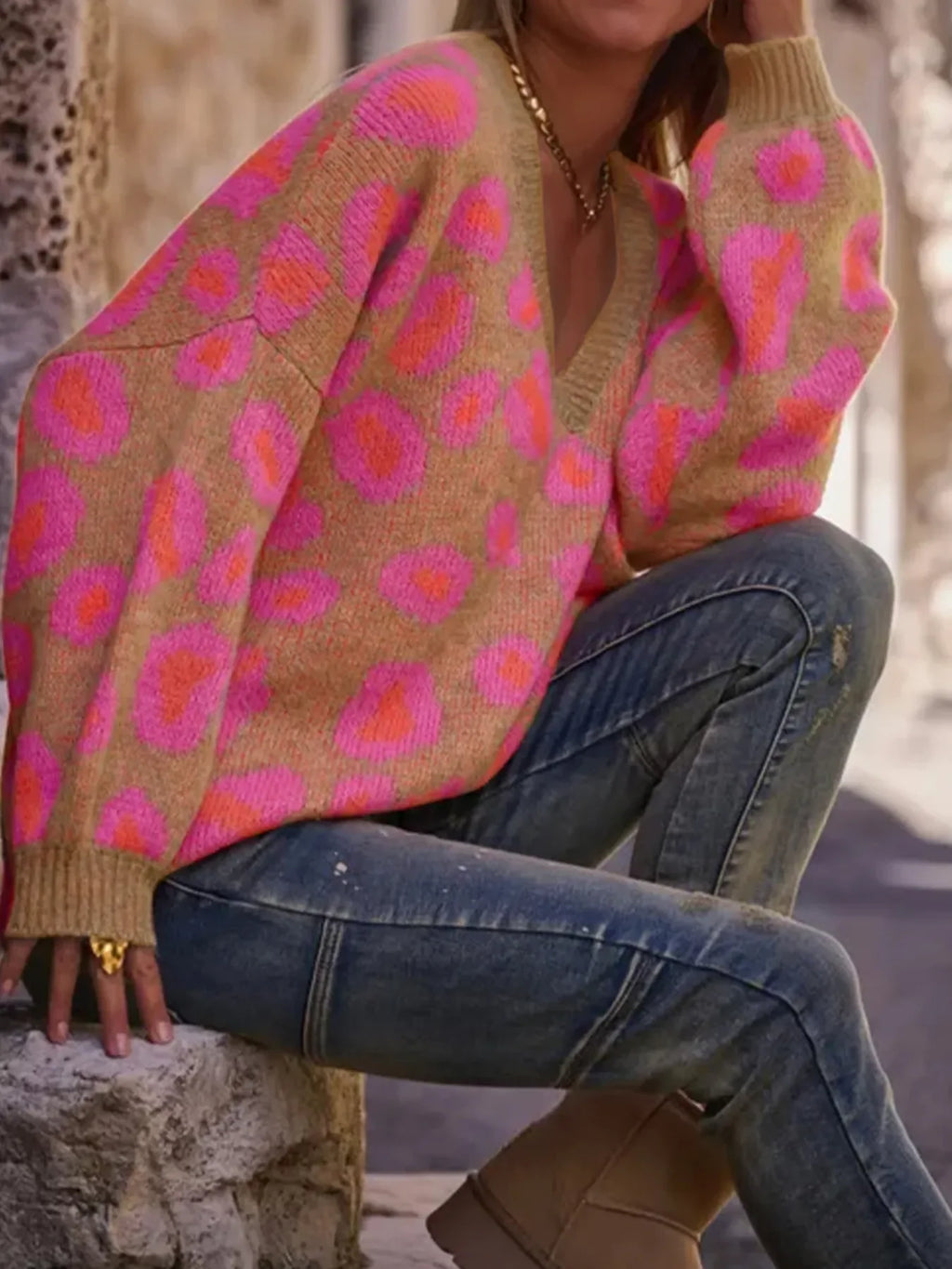 Leopard Oversized V-Neck Sweater