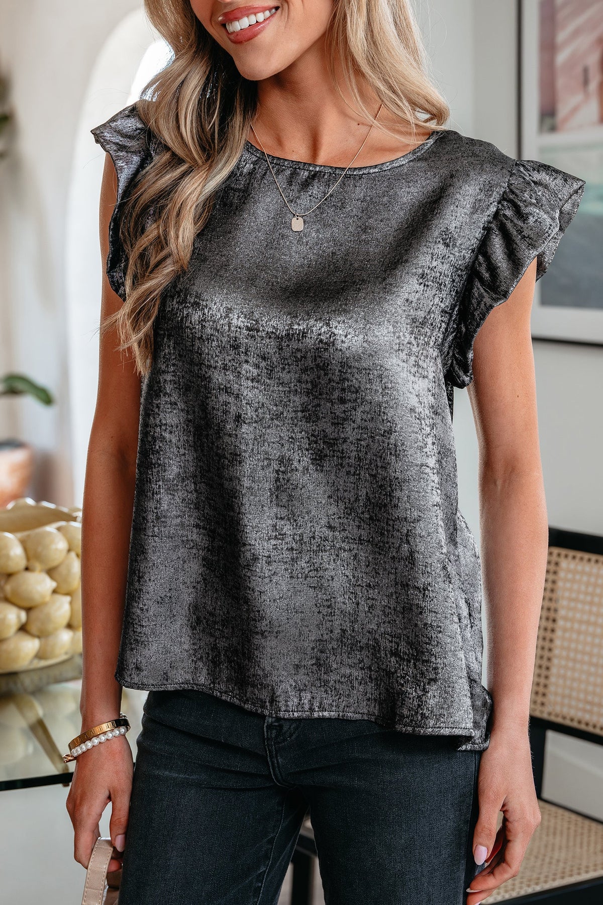 Gold Metallic Round Neck Ruffle Trim Sleeveless Top