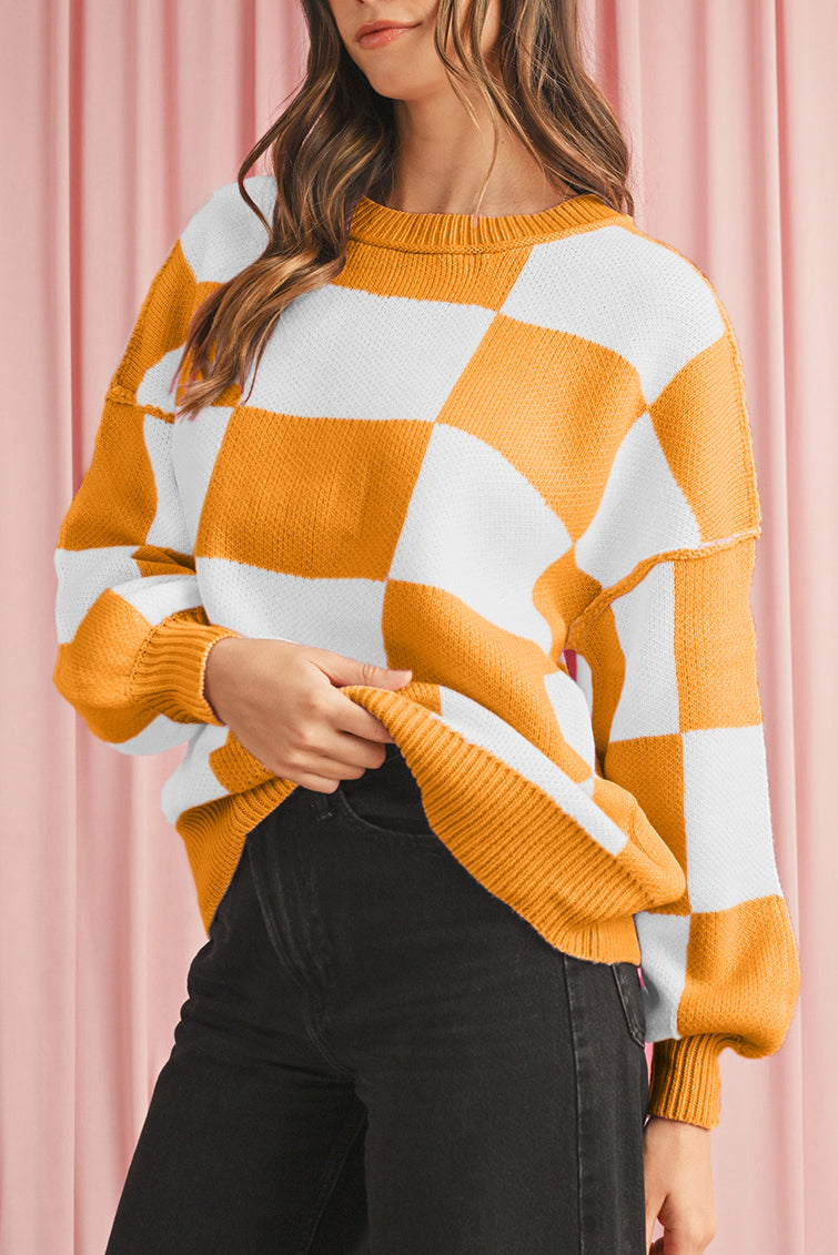 Dark Brown Plaid Bishop Sleeve Pullover Sweater