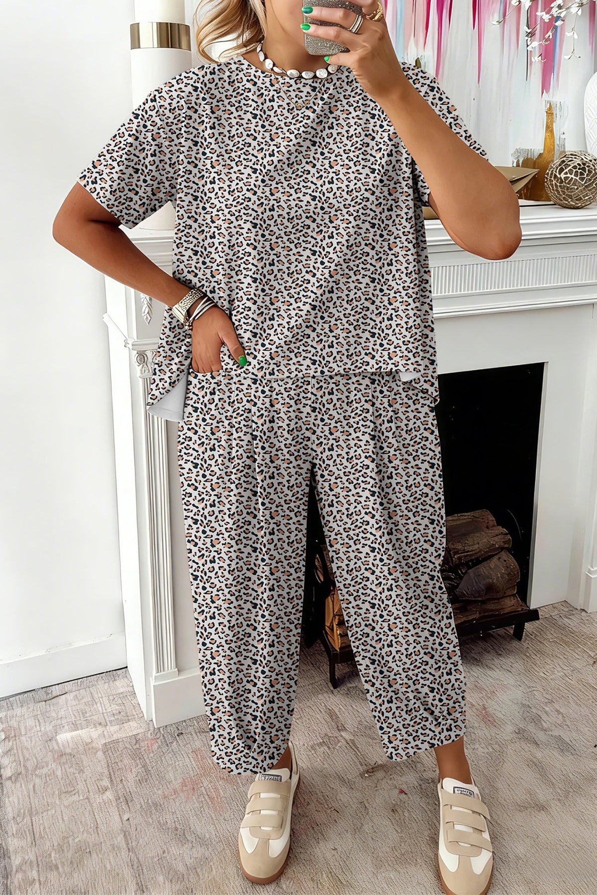 White Leopard High-Low Loose Tee Ankle Length Pants Set