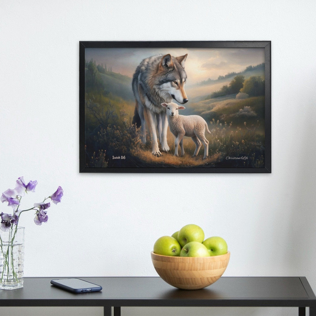 Framed- Wolf and Lamb, Christian Wall Art, Black Framed Canvas Print, Isaiah 11:6