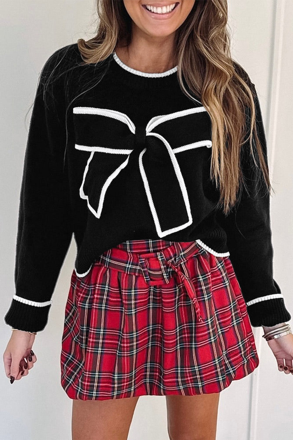 Fiery Red Contrast Trim Big Bow Accent Holiday Cropped Sweater