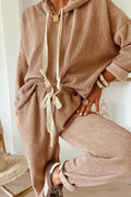 Smoke Gray Drawstring Pullover Hoodie and High Waist Pants Corduroy Suit