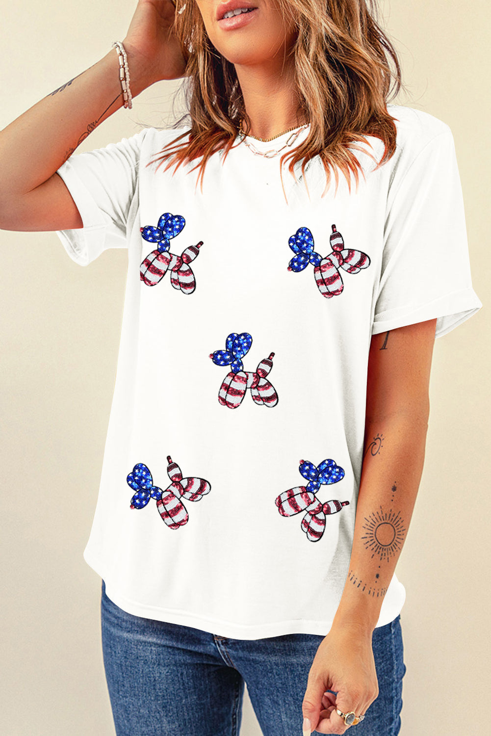 Black Patriotic Sequin Balloon Puppy Graphic Crewneck Tee