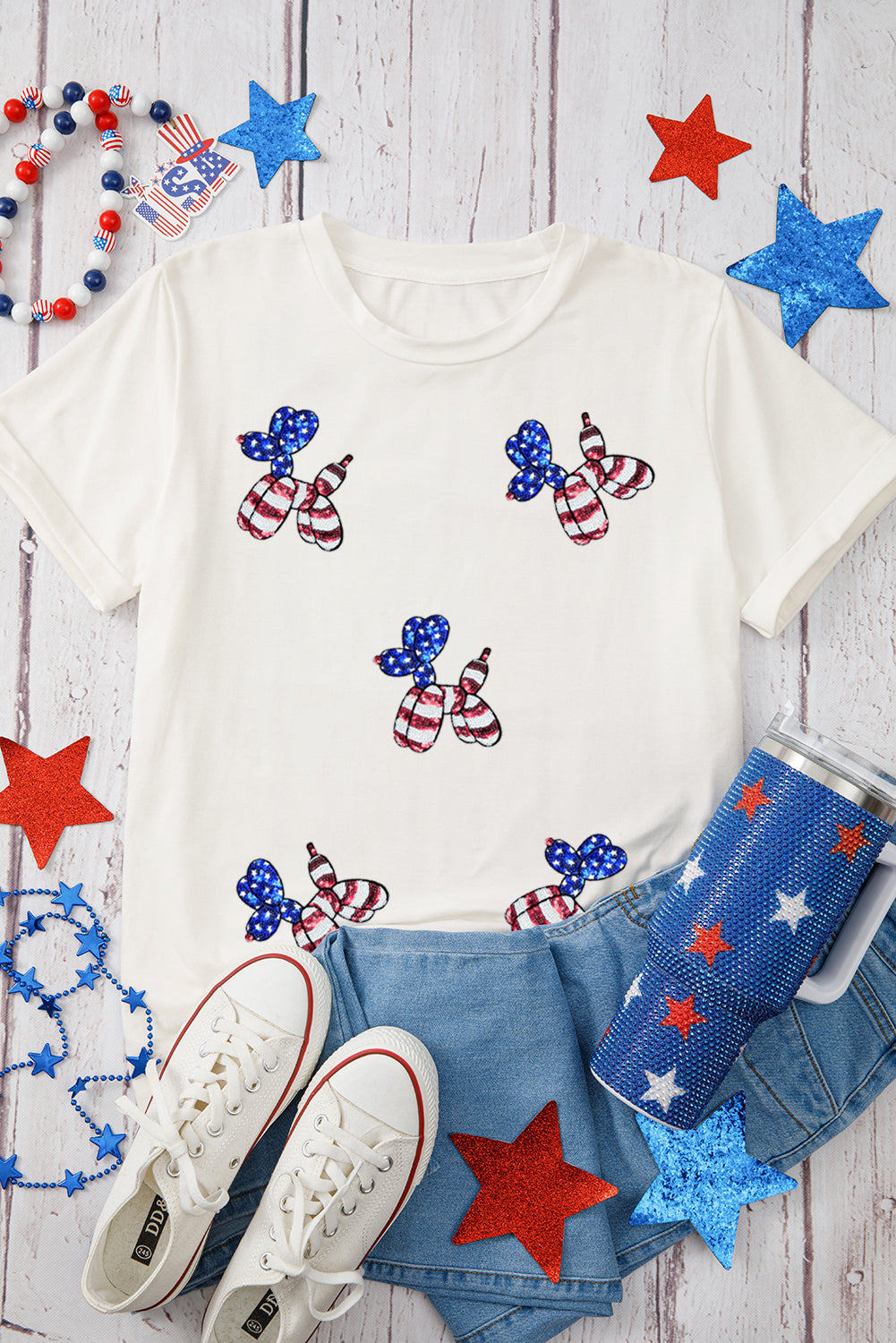 Black Patriotic Sequin Balloon Puppy Graphic Crewneck Tee