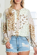 Multicolor Floral Patchwork Lantern Sleeve Cropped Shirt