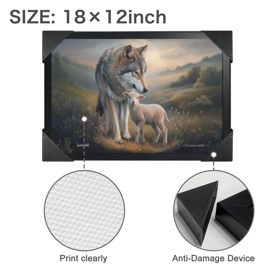 Framed- Wolf and Lamb, Christian Wall Art, Black Framed Canvas Print, Isaiah 11:6