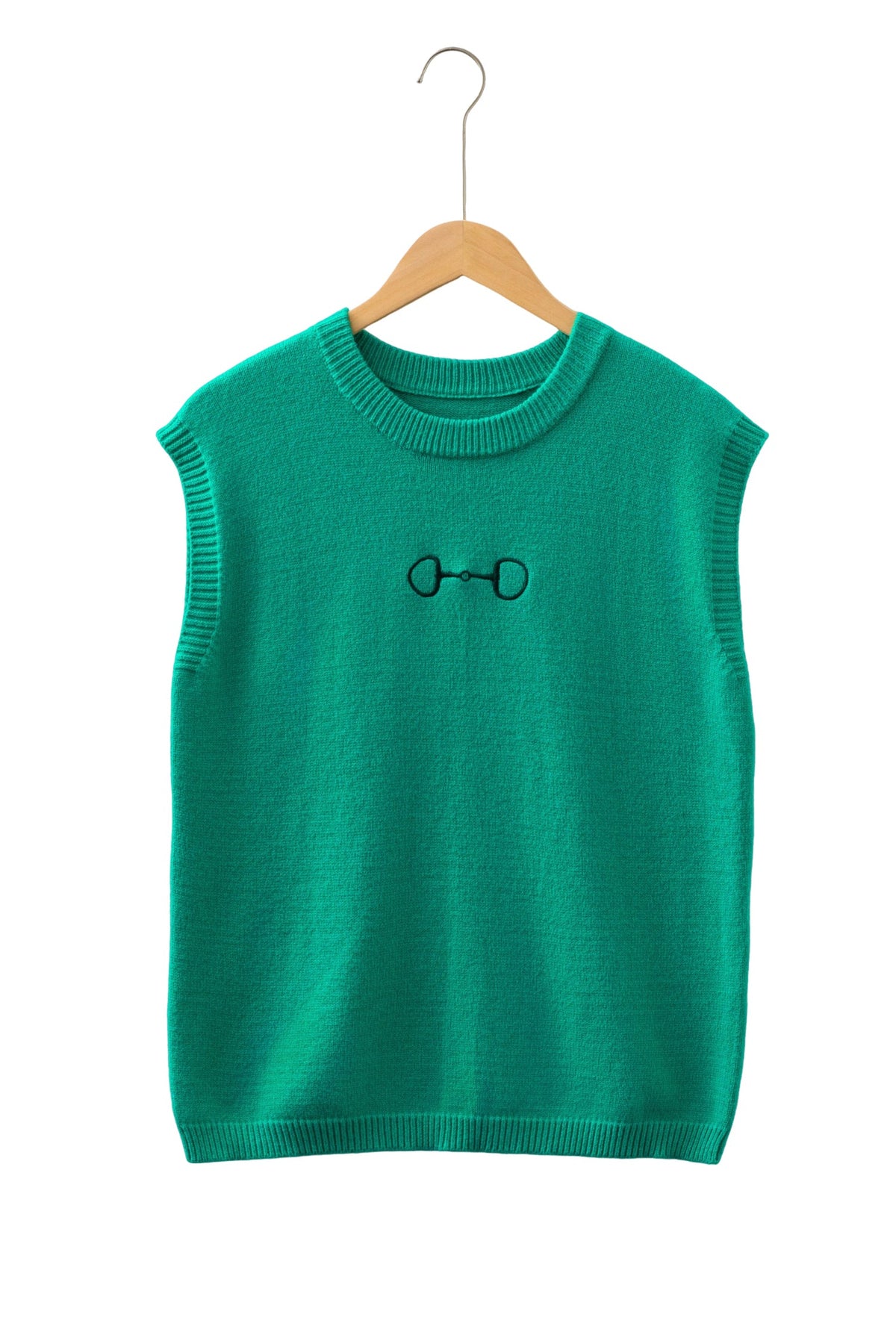Bright Green Horse Bit Embroidered Loose Short Sleeve Sweater