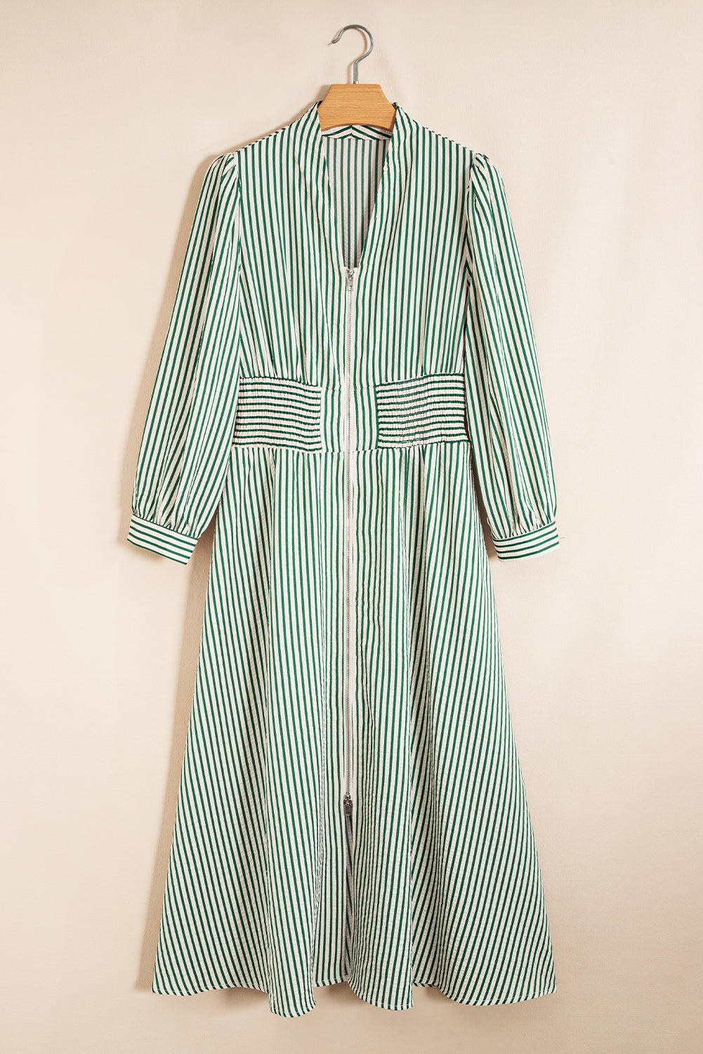 Black Stripe V Neck Zip Front Cinched High Waist Midi Dress