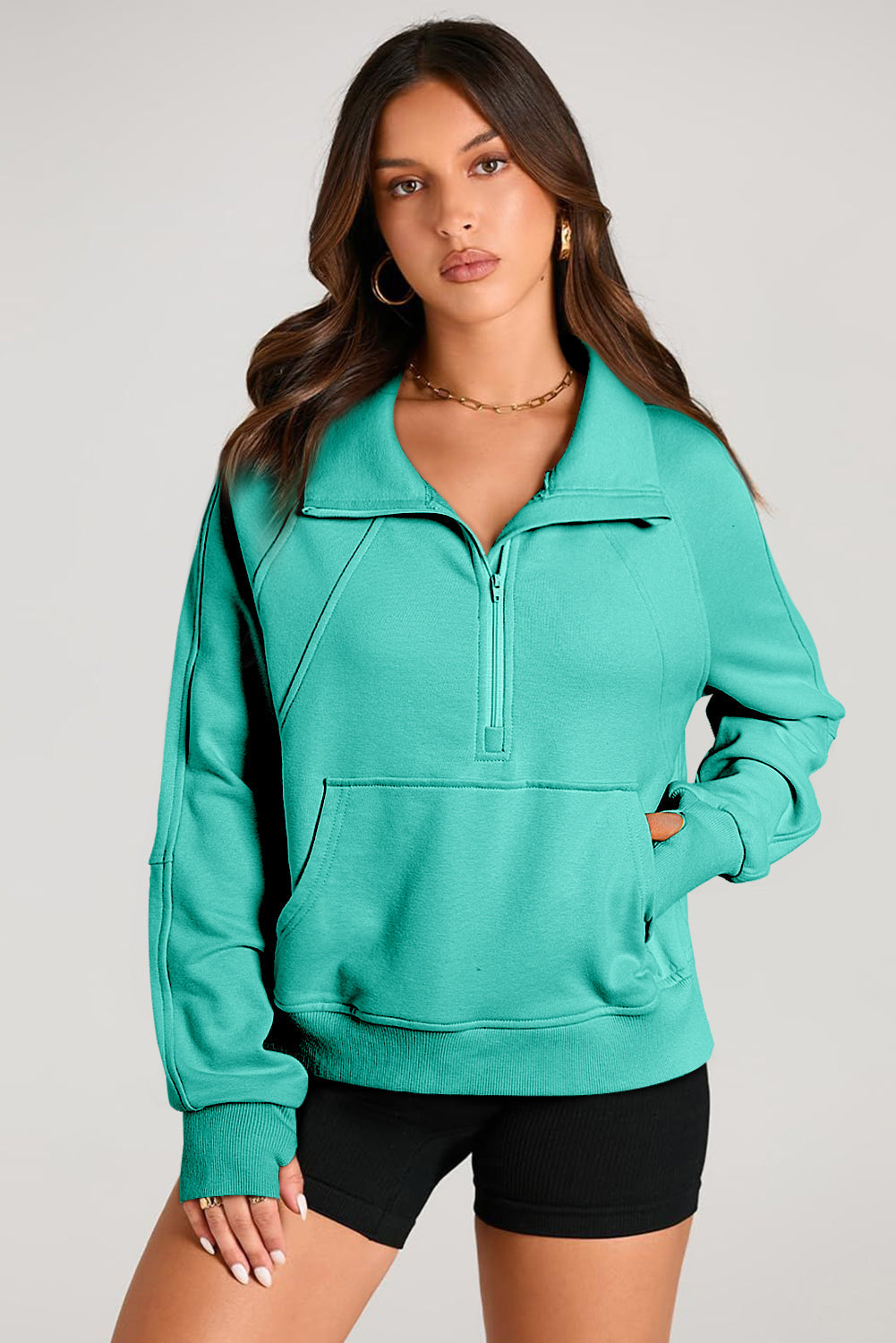 Smoke Green Quarter Zip Stand Neck Kangaroo Pocket Sweatshirt
