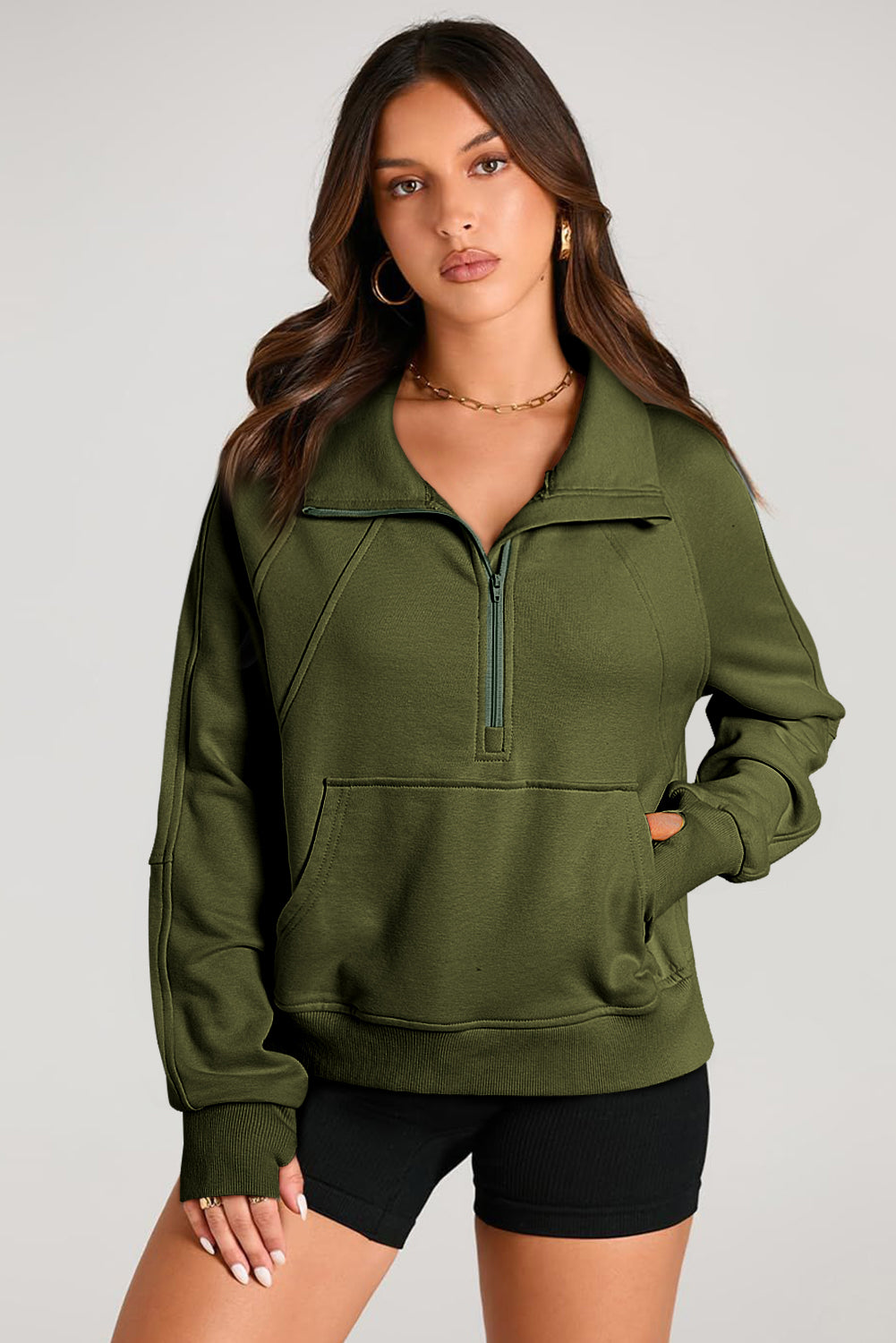 Smoke Green Quarter Zip Stand Neck Kangaroo Pocket Sweatshirt