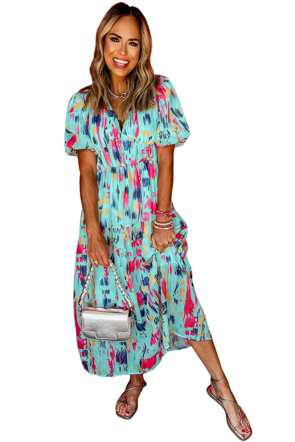 Sky Blue Abstract Print Short Puff Sleeve Tiered Maxi Dress