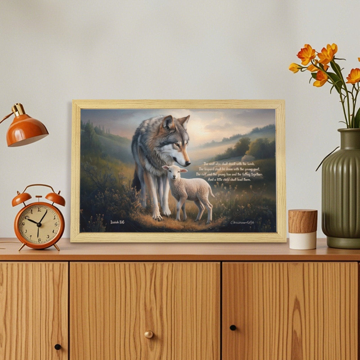 Framed - Wolf and Lamb with Isaiah 11:6 Quote, Christian Canvas, Wooden Frame