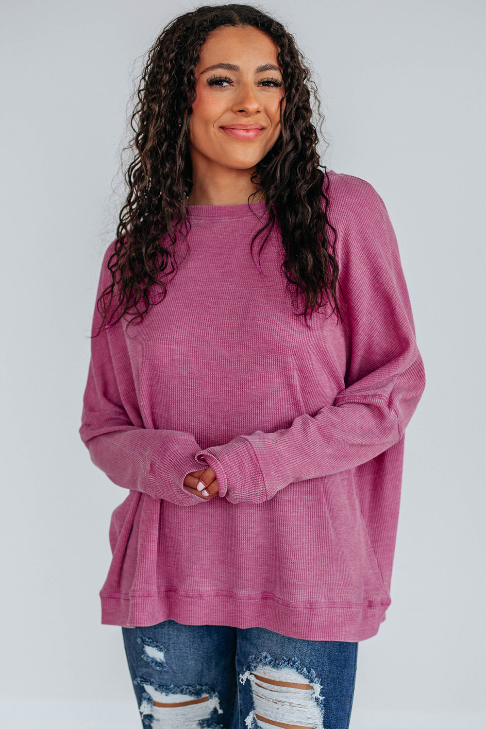 Dark Grey Waffle Knit Patchwork Long Sleeve Loose Top