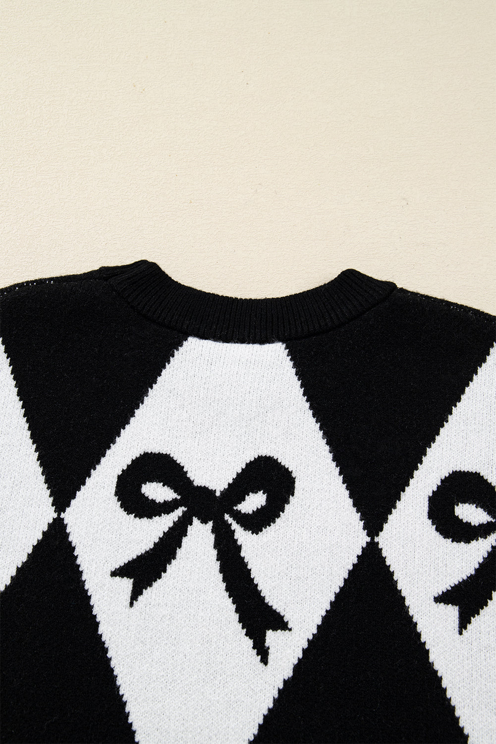 Red Bow Print 2-tone Rhombus Knit Loose Sweater