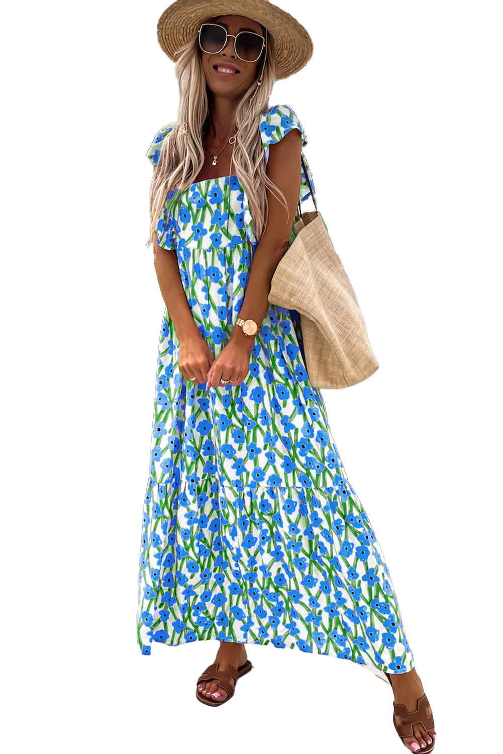 Blue Floral Print Square Neck Ruffled Strap Maxi Dress