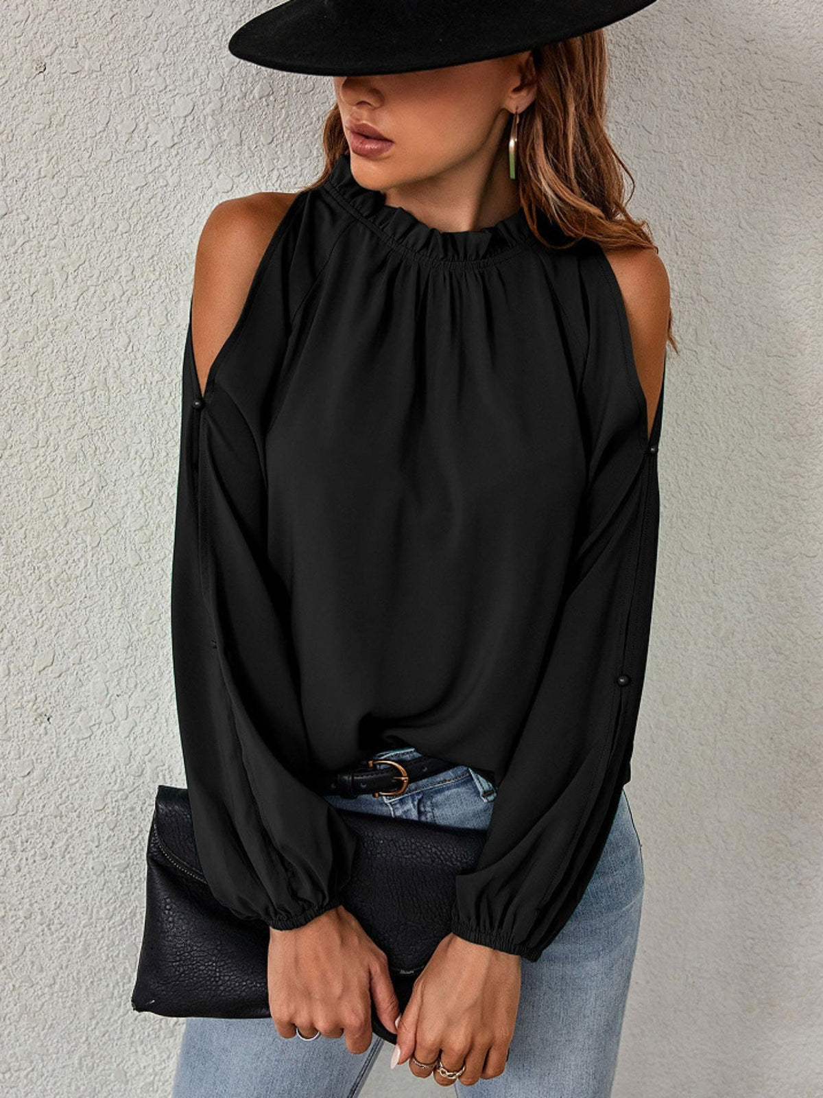Cold Shoulder Frill Neck Blouse