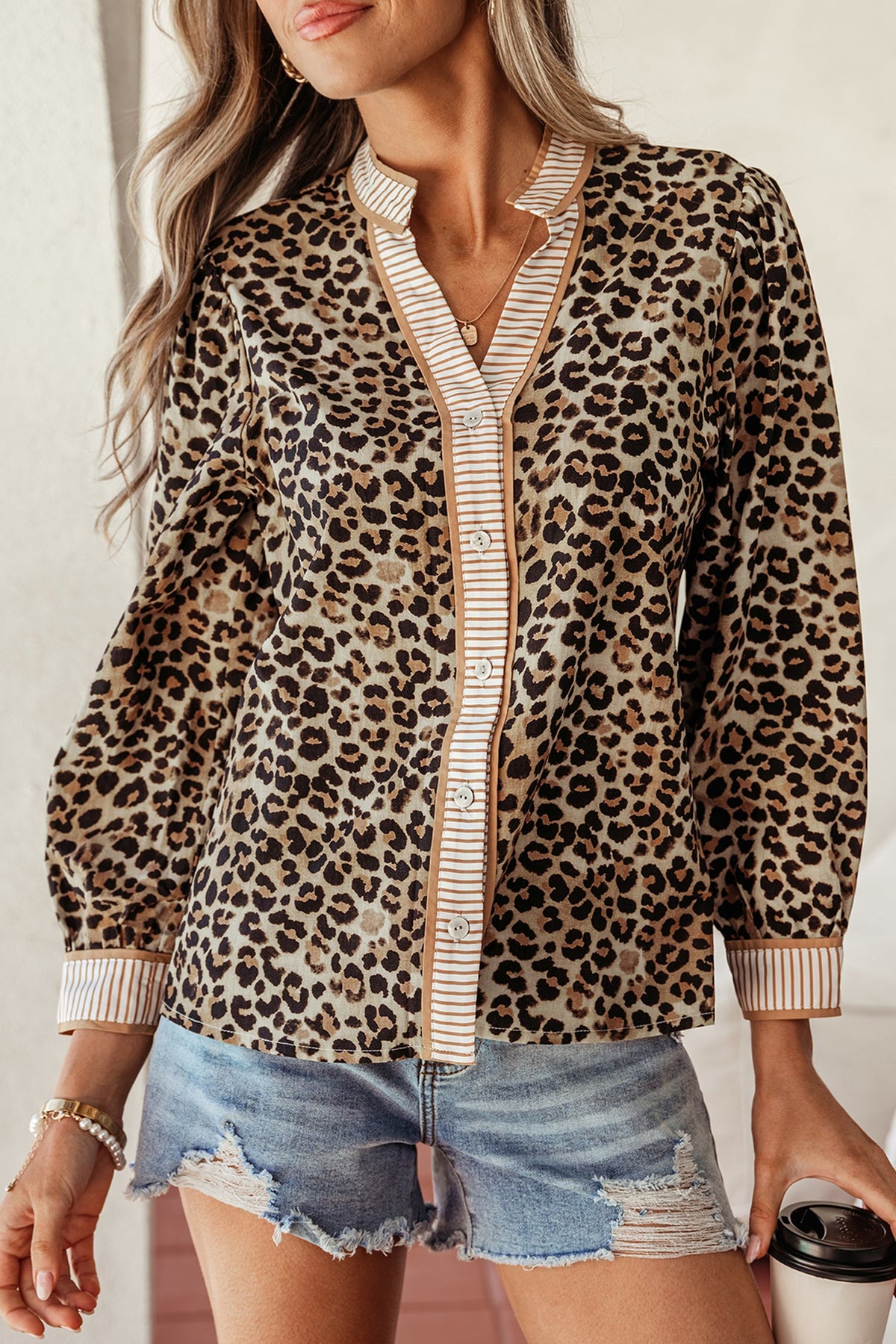 Khaki Contrast Striped Trim V Neck Leopard Shirt