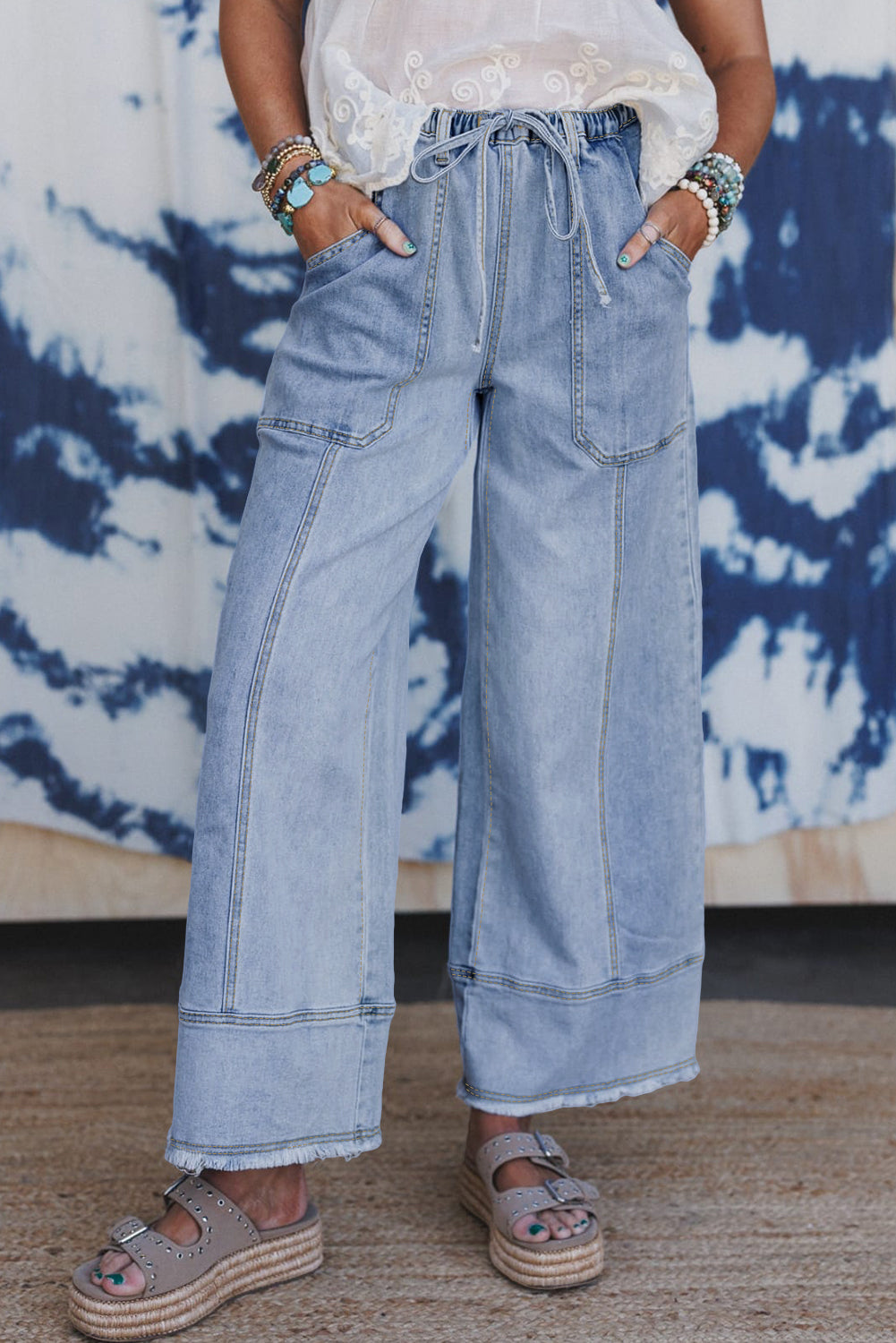 Beau Blue Drawstring Seam Detail Raw Hem Wide Leg Jeans