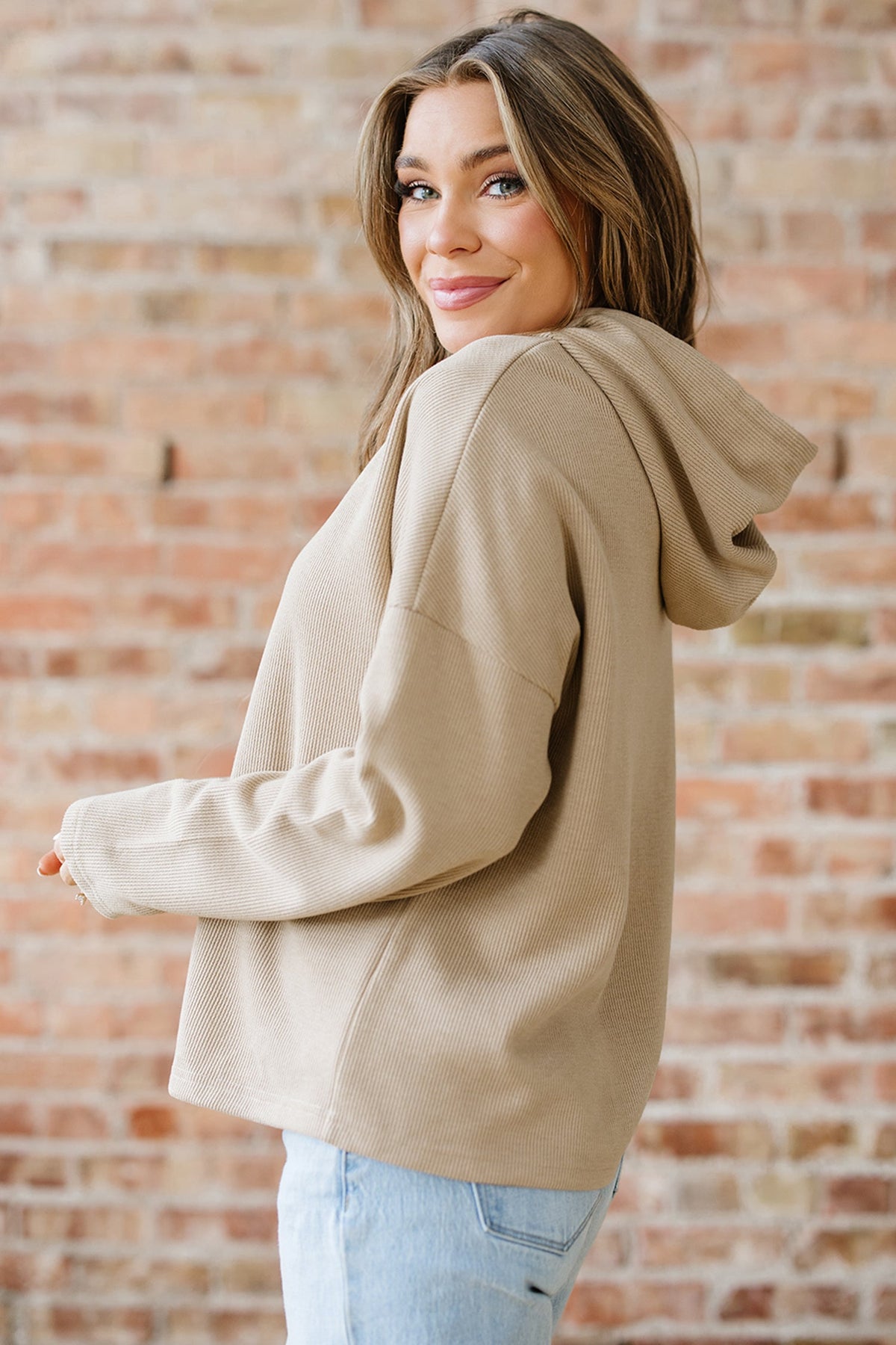 Dark Khaki Thermal Textured Leopard Drawstring Baggy Hoodie