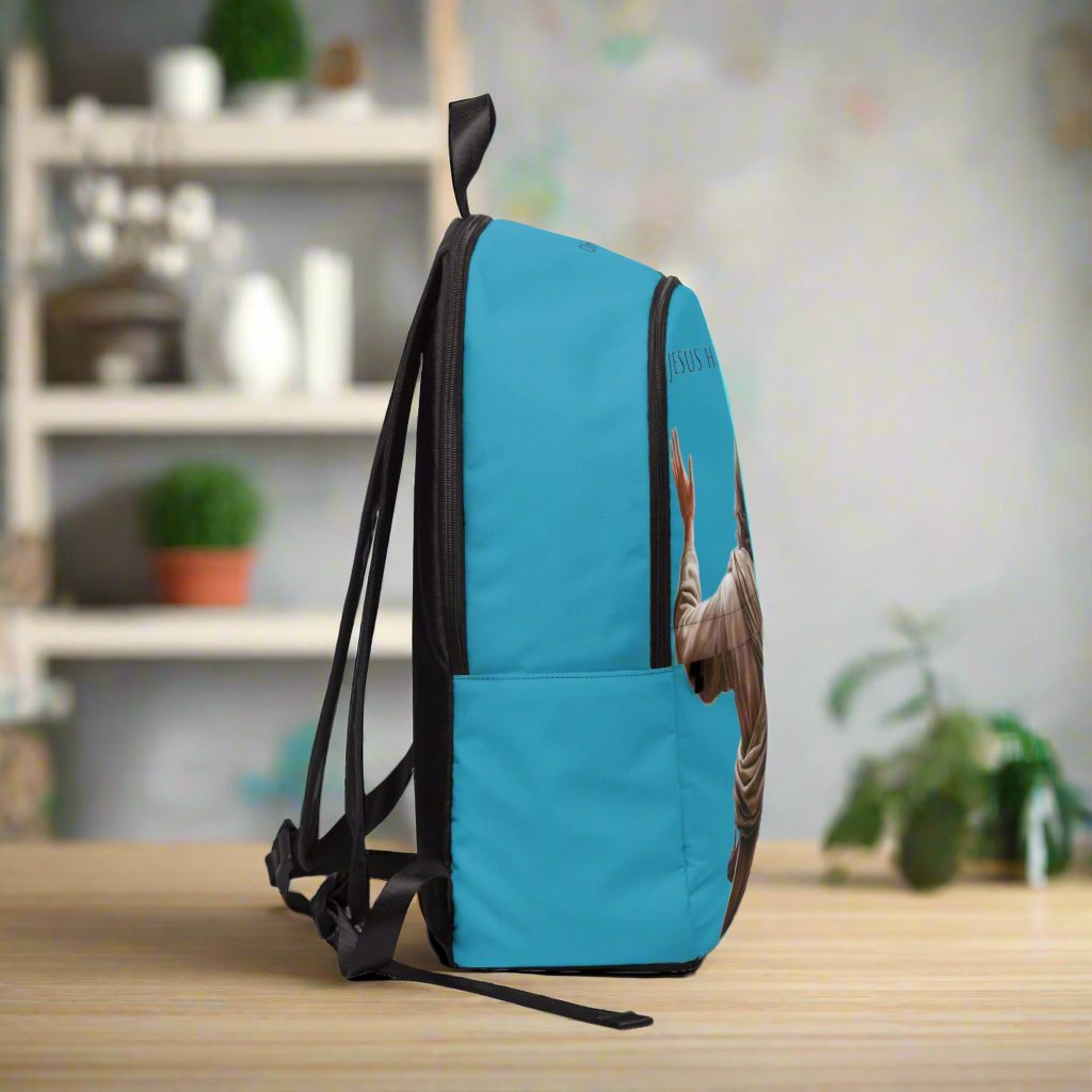 "Jesus Has My Back" design Christian Backpack (turquoise)