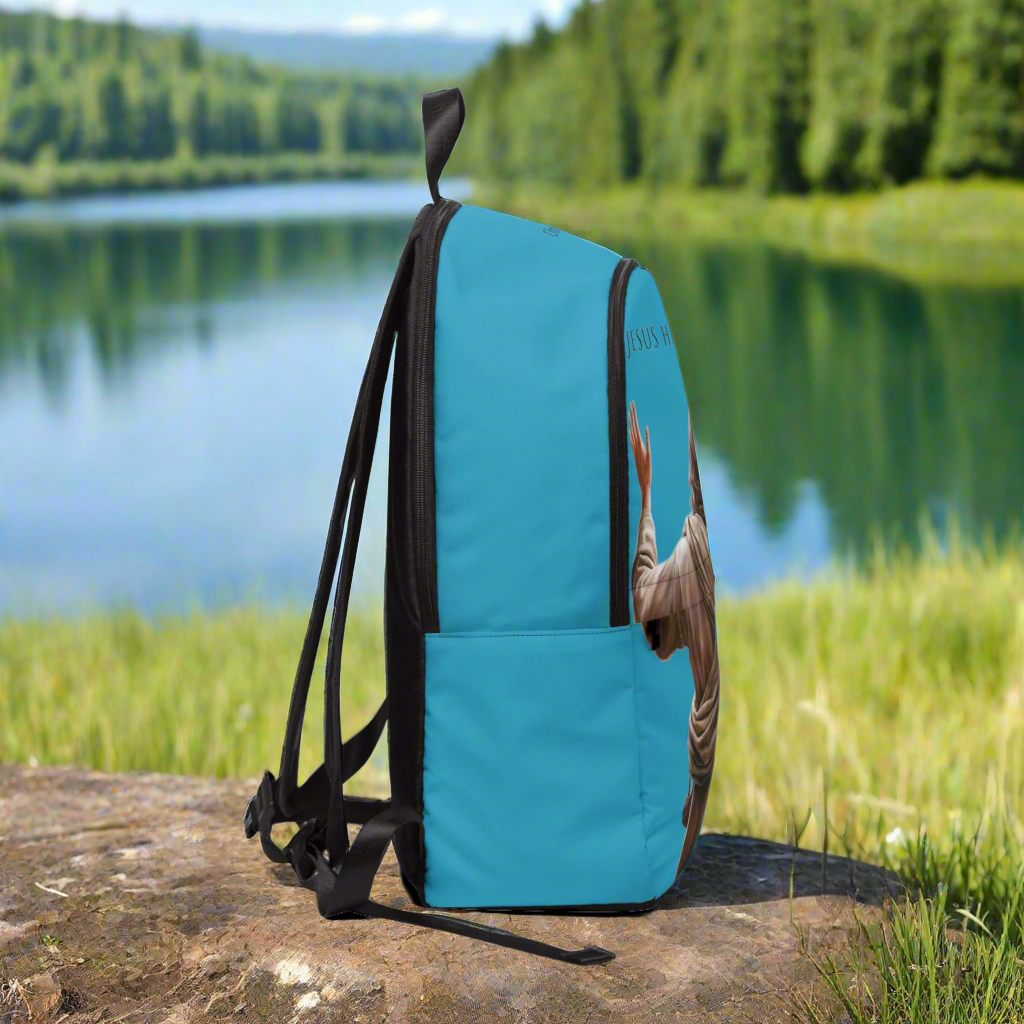 "Jesus Has My Back" design Christian Backpack (turquoise)